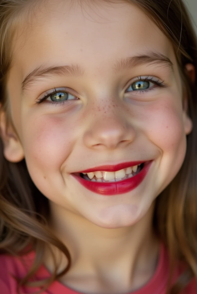 closeup of a female ’s face wearing red lipstick and smiling