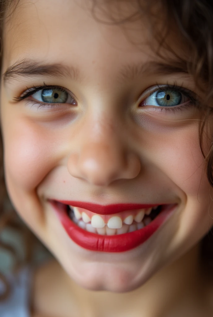 closeup of a female ’s face wearing red lipstick and smiling