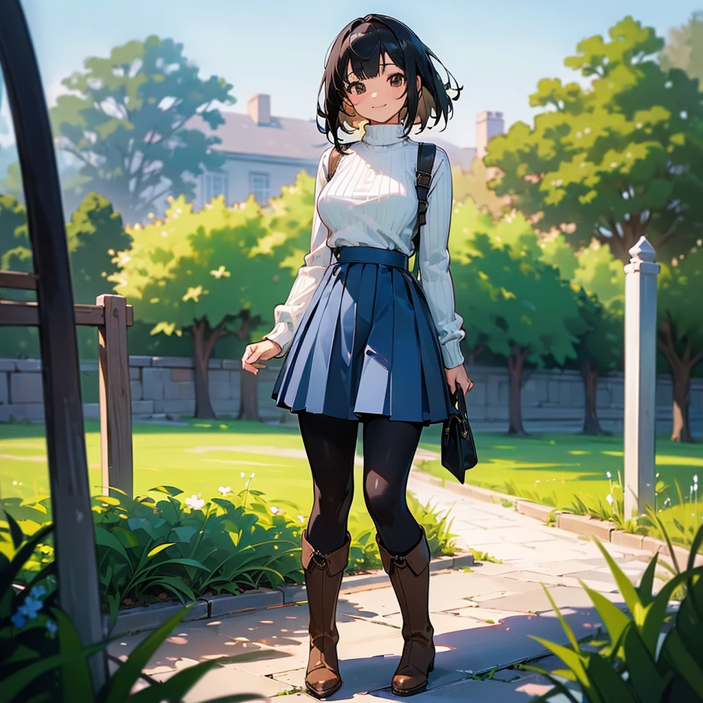(high quality, High resolution, Very detailed, reality:1.37), Peaceful atmosphere, (Outdoor, garden), Teenage girl standing alone, (my breasts are big.), Beautiful details, Cute Smile, (Black bob hair), Ribbed sweater, Blue Skirt, Black tights, Brown boots.