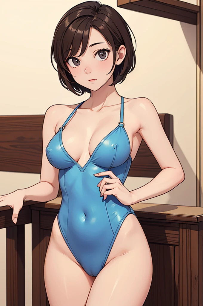 (((masterpiece, best quality, ultra highres, 1 girl, solo, no background))), super detailed skin and face and eyes and finger, beautiful japanese woman, small breasts:1.5, skinny, light brown hair, very short pixie hair, knee shot, white background, outline, anime, 2d, boyish, expressionless, cartoon, navel, Protruding nipples, thong, female genitals visible through tight clothing, M legs, leotard,