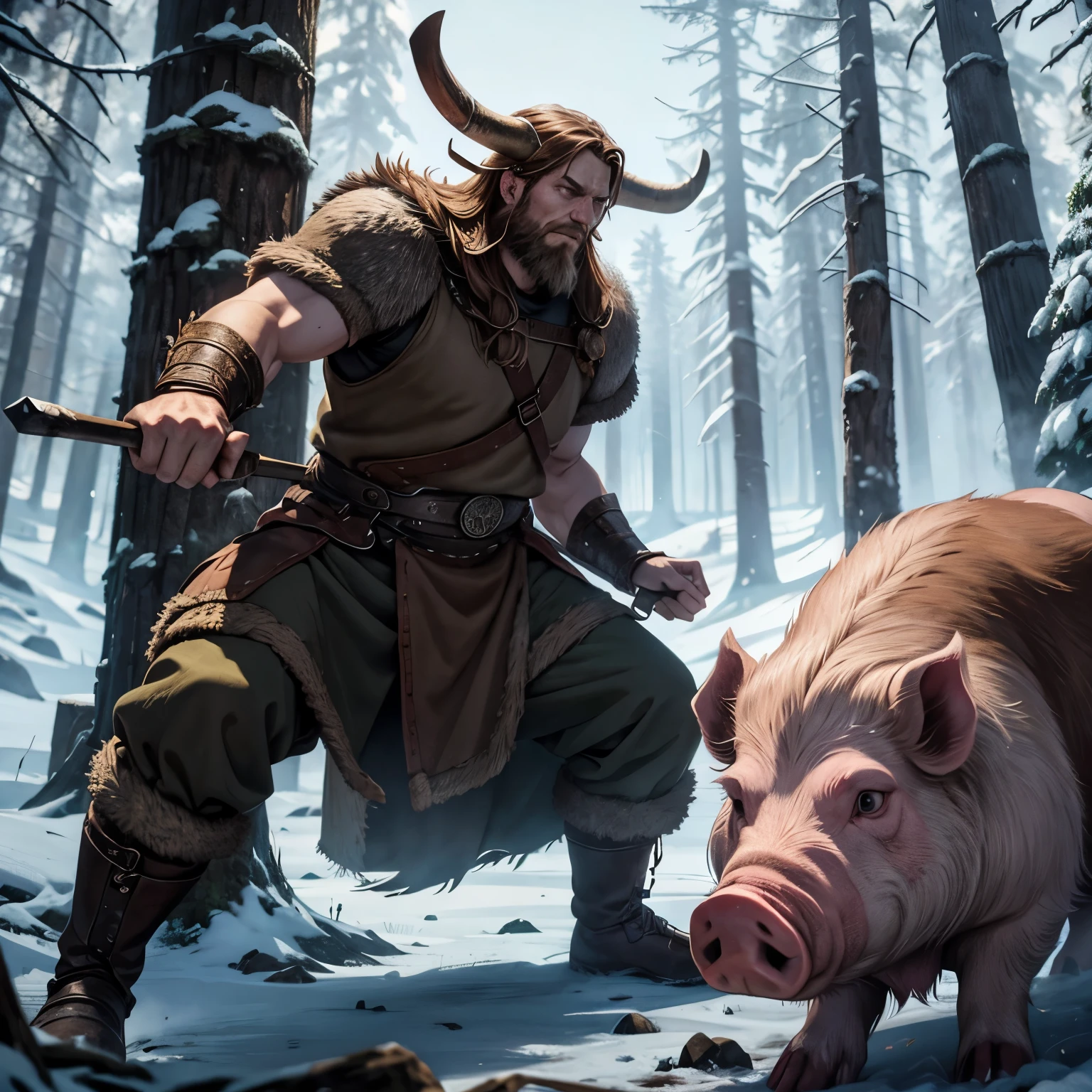 viking man, fighting with pig, forest, winter,