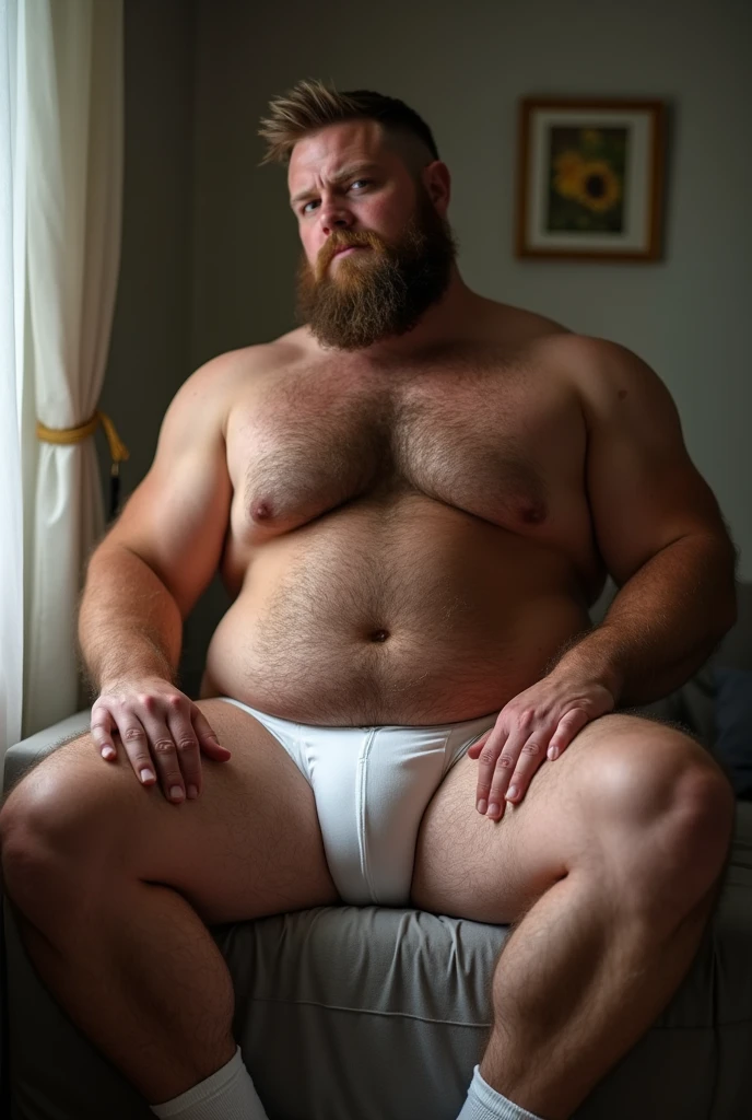 Pov of a real buff hairy and sexy man (the man is a gay bear) with a big butt wearing white underwear and socks sitting on me