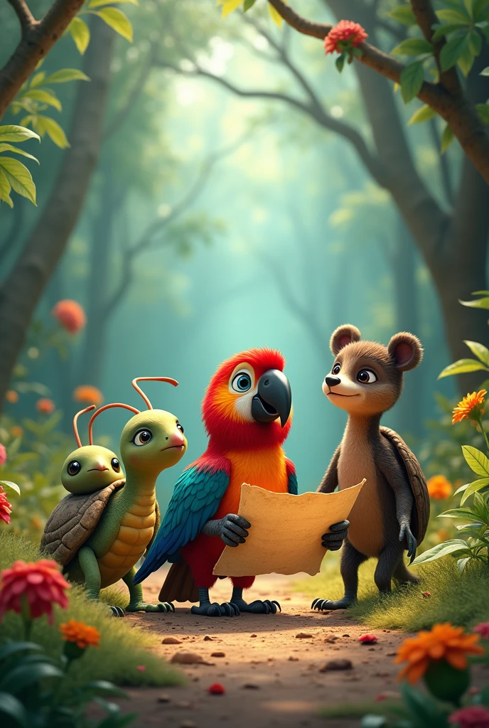 In a forest full of colors and sounds lived four great friends: Sadness, the turtle; Antonia, the ant; Bruno, Bear; and Paco, The parrot. Although they were very different, They always played together and helped each other in everything..
Paco with a map