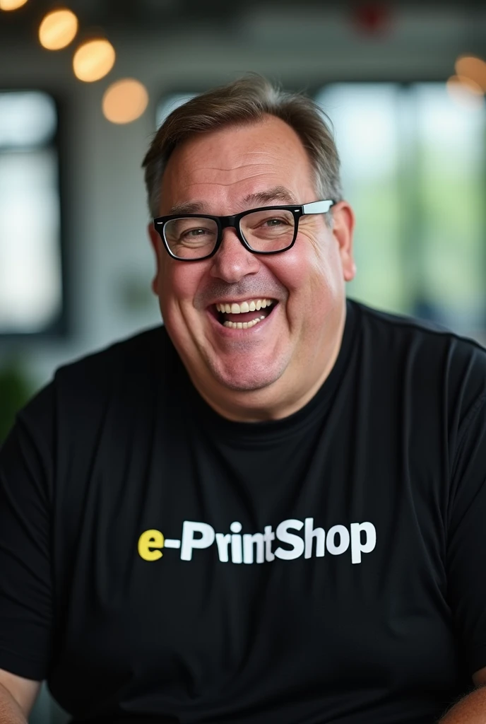 A man, straight hair, Calcasian, straight hair, very short, dark brown, black glasses frame, no beard, fat, smiling and excited, brown eyes and happy look, aged between 60 and 65 years old, black t-shirt and written in white "e-PrintShop" sans serif and bold letters, character in the foreground.
Background: office room.