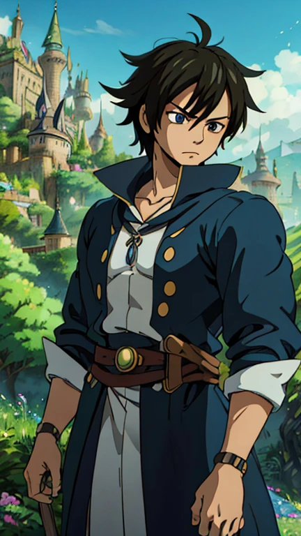 (1man, zeref), (extremely detailed CG unit 8k wallpaper),(master part), (best quality), (ultra detail), (best illustration),(ghibli style), cowboy shot, (Sharp eyeliner, ombre, detail eyes:1), Hogwarts, outdoors background, ,break , (fairytaleai), upper body, 