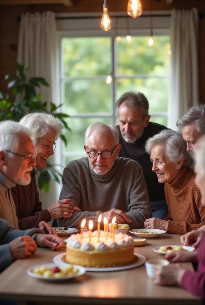 Group of older adults gathered around a table, celebrating a special occasion with cake