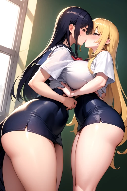 Lesbian (very long loose yellow hair)(big breasts, big thighs)(with school uniform clothes it is very tight) that he is kissing at school with his girlfriend,(big breasts, big thighs)lesbian love