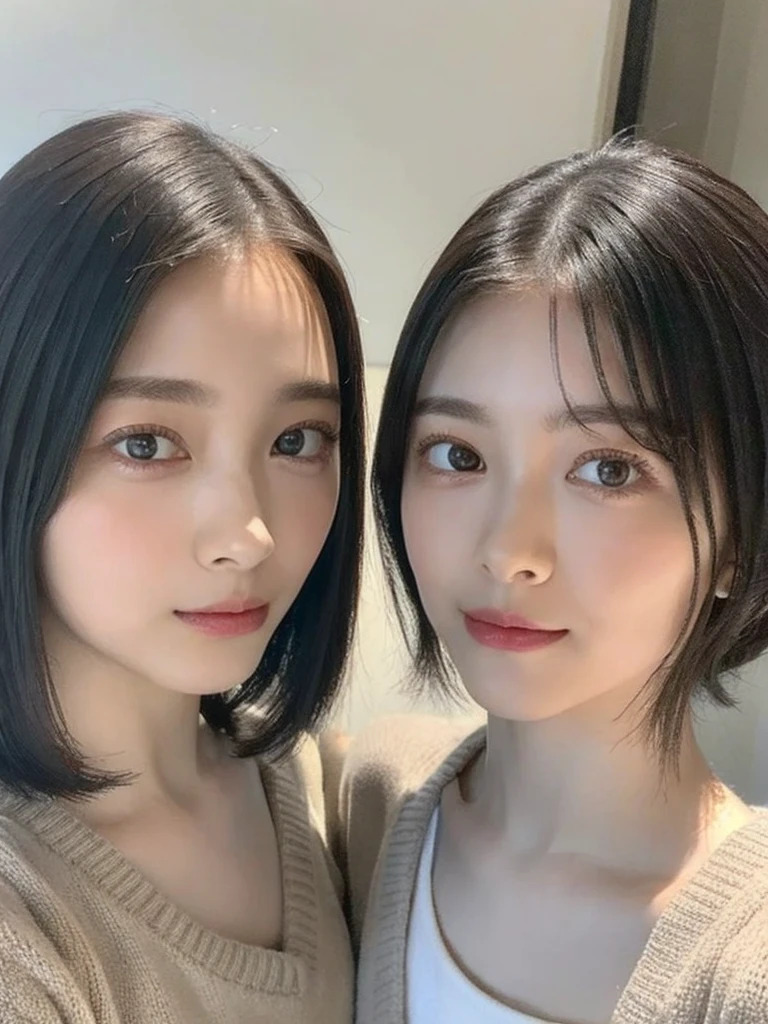 (masterpiece:1.3), (8k, Photoreal, Raw photo, best image quality: 1.4), Japanese high school girl、(random hairstyle:1.2)、cleavage:1.5、super detail face、eye for details、double eyelid、chest to chest、sharp focus:1.2、Beautiful woman:1.4、light brown hair、highest quality、masterpiece、超A high resolution、(Photoreal:1.4)、Highly detailed and professionally lit smiles、loose and light knitwear、shoulder out、thin、serious expression、short haired、deadly position
similar identical twins
All the girls have the exact same face, The two have the same face and figure, as if they were mirror images.