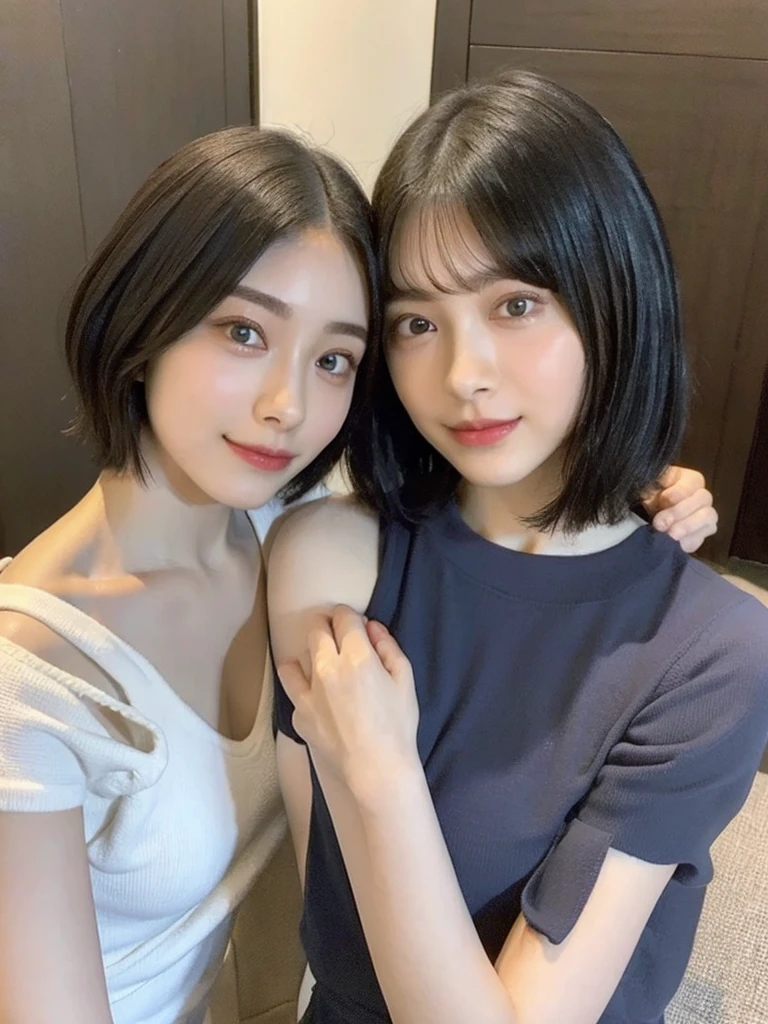 (masterpiece:1.3), (8k, Photoreal, Raw photo, best image quality: 1.4), Japanese high school girl、(random hairstyle:1.2)、cleavage:1.5、super detail face、eye for details、double eyelid、chest to chest、sharp focus:1.2、Beautiful woman:1.4、light brown hair、highest quality、masterpiece、超A high resolution、(Photoreal:1.4)、Highly detailed and professionally lit smiles、loose and light knitwear、shoulder out、thin、serious expression、short haired、deadly position
similar identical twins
All the girls have the exact same face, The two have the same face and figure, as if they were mirror images.