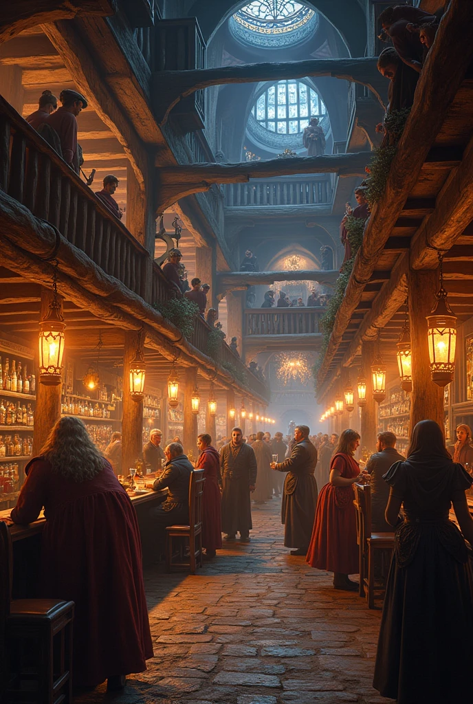 Fantasy、Tavern、bright、busy、night、wooden
