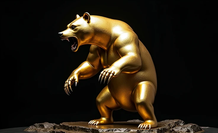 imposing menacing bear standing with claws up attacking. smooth gold body mirrored shiny chrome angry attacking from above with his golden bear black background