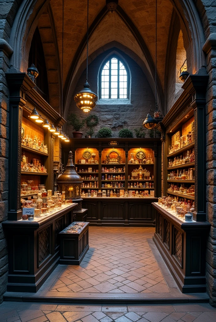Magic shop interior in a historical setting, Front view, Harry potter, Diagon Alley, Showcase, texture, Maximum details, Pertate board, unmanned, Highest quality, masterpiece, Magic Potion, Mythical creatures