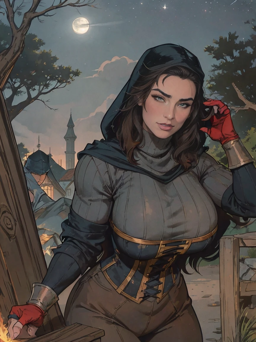 Gorgeous and sultry busty athletic (thin) brunette rogue with sharp facial features wearing a wide hood, medieval hair cover, rough-spun grey and black medieval thief attire, mask, long sleeves, loose sleeves, tunic, cowl, gloves, breeches, trousers, corset, Middle Ages, village, exterior, trees, countryside, nighttime, moonlight. large breasts.