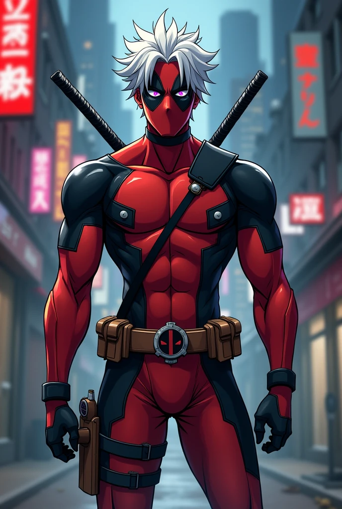 Gojo Satoru in Deadpool costume without the anime style mask 