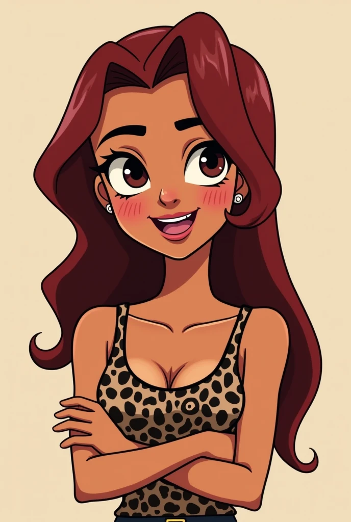 Animated logo of a 19 year old dark red haired girl, pretty eyebrows, straight teeth, very thin lips, long nails, brown skin, dark eyes,with black eyeliner, blushing cheeks,CABELLO LARgO rostro no tan delgado, small breasts, crossed arms with initials below, blusa de tirantes estilo animal prince estas iniciales h.n.g.h. in capital letters
