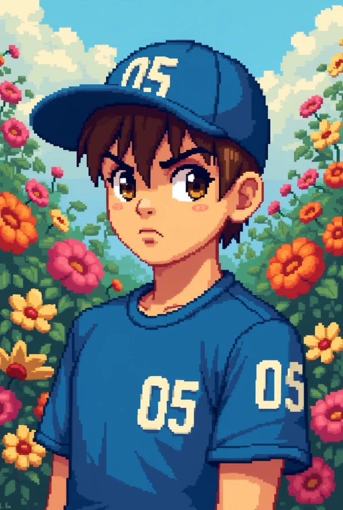 Make a boy in pixel art, with a blue shirt with a 05 in the upper right corner and a blue cap with the number 05, he has short shaved hair and he has a serious face, He has brown eyes. The background is made of flowers, everything must be in pixel art, pixel art.
Now do this same art, but without the white border on 05, but still in pixel art