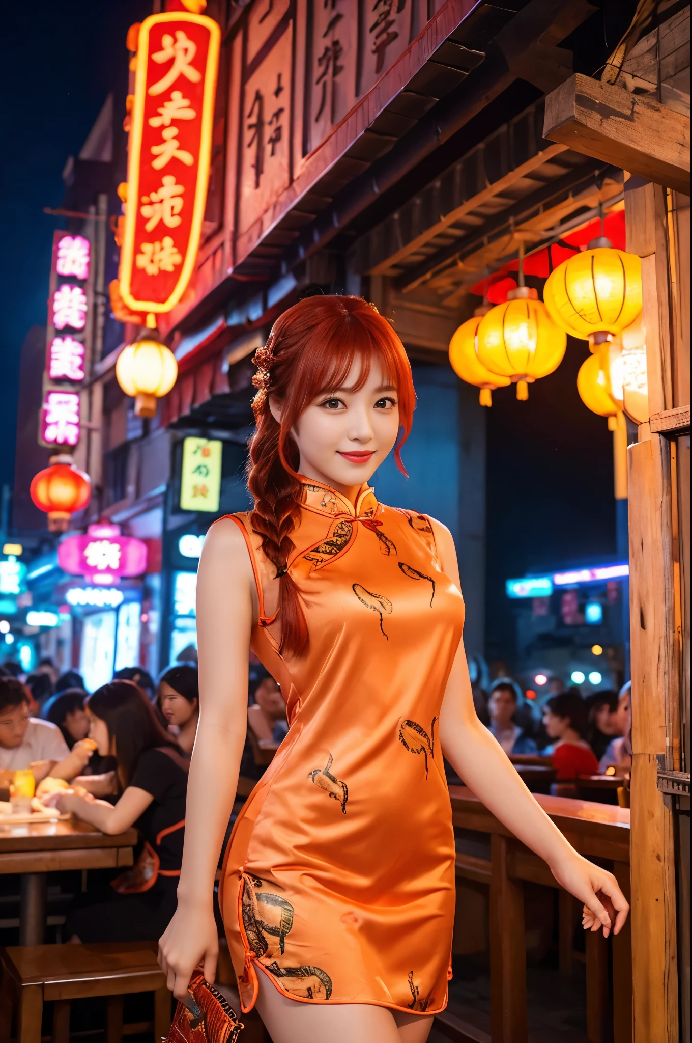 beautiful princess of the city、lipgloss、shy smile、whole body、good style、、、、、Big Scorpion Print Tight Mini Cheongsam Dress、Braid、neon orange hair、Cinematic Light、large chinese restaurant background