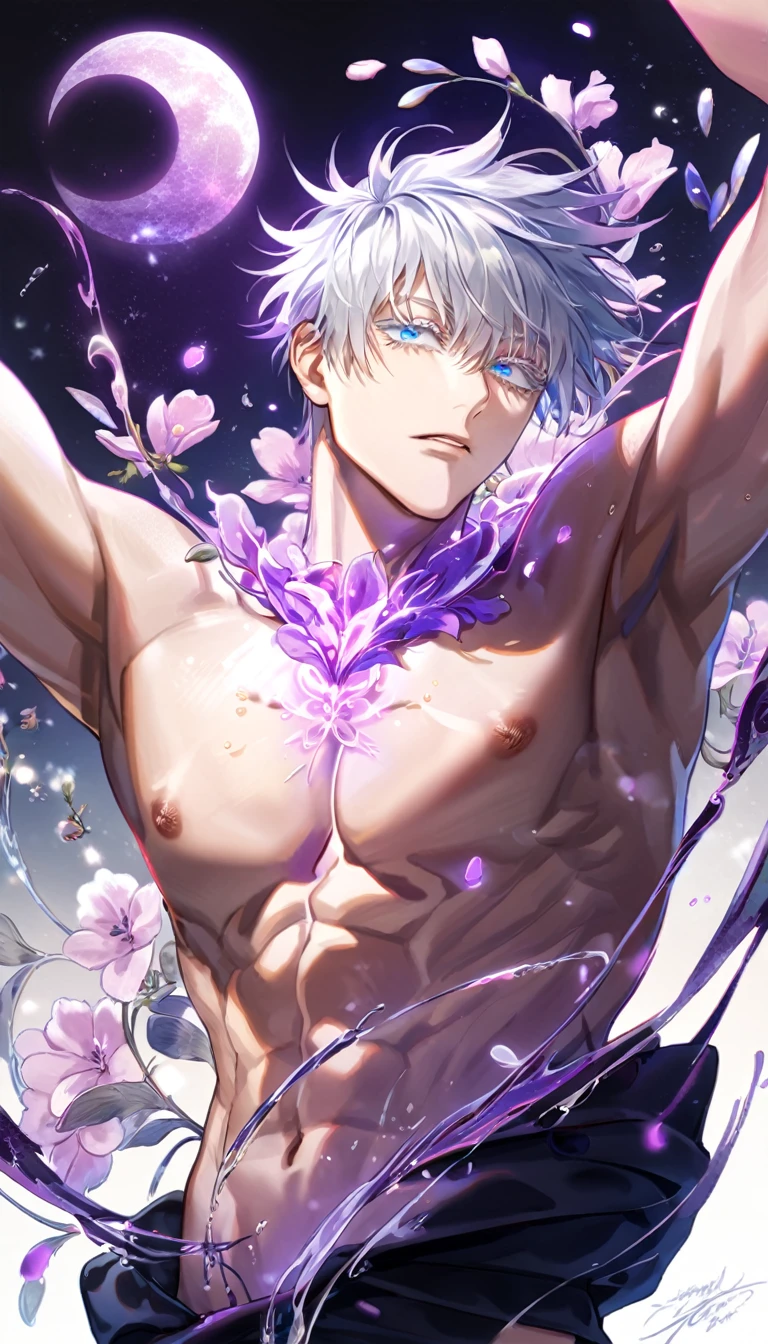 absurdres, highres, ultra detailed, HDR, master piece, Gojou Satoru, white hair with bangs, expressive blue eyes, white eyelashes, without shirt, bare chest, toned chest, Jujutsu Kaisen, sexy man, handsome, best quality, purple glittering crescent moon, purple flowers, fantasy, magical, solo, water, purple shining fireflies, purple petals, purple fire, sensual, horny, dynamic pose,