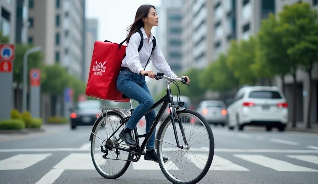 A cute Japanese woman is riding a cross bike diagonally from the left through the busy street, carrying a red delivery bag with the Demaecan logo on it.