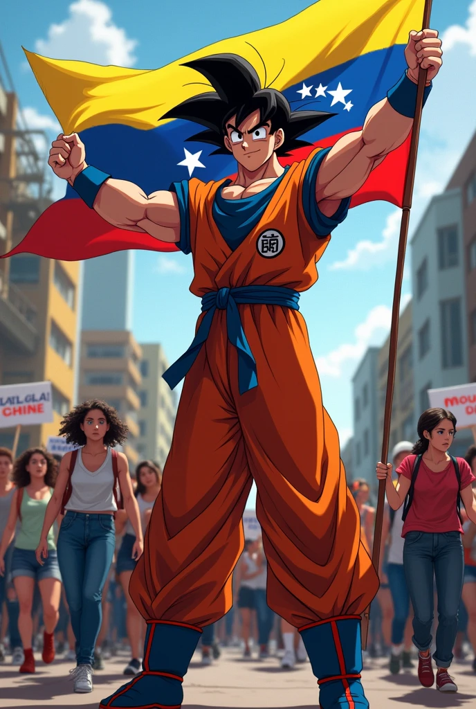 Goku holding the Venezuelan flag walking in a demonstration with young Venezuelans 