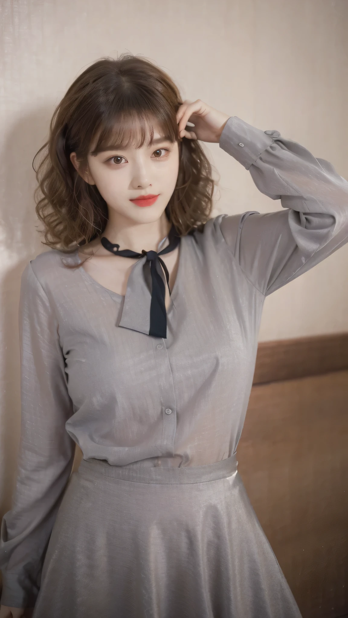 detailed background, masterpiece, best quality, 1 person , curly hair, long hair, purple eyes, star in eye , grey blouse, long skirt, grey , grey blouse , beautiful bow, detailed bow, indoor , hair accessories, jewelry, red lips