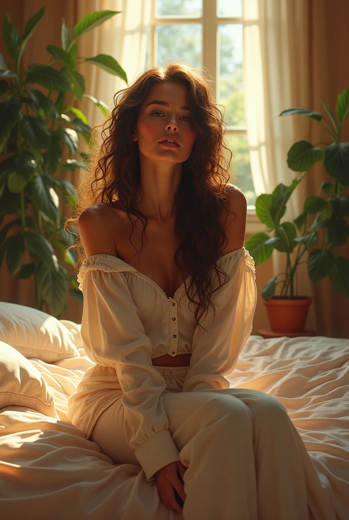 (photorealism:1.2), beautiful woman, sitting on bed, wearing loose off-shoulder top, pajama pants, long curly hair, indoors, soft lighting, plants in background, window with sunlight, cozy room, relaxed pose, realistic, intricate details, warm colors, by Greg Rutkowski, by Alphonse Mucha