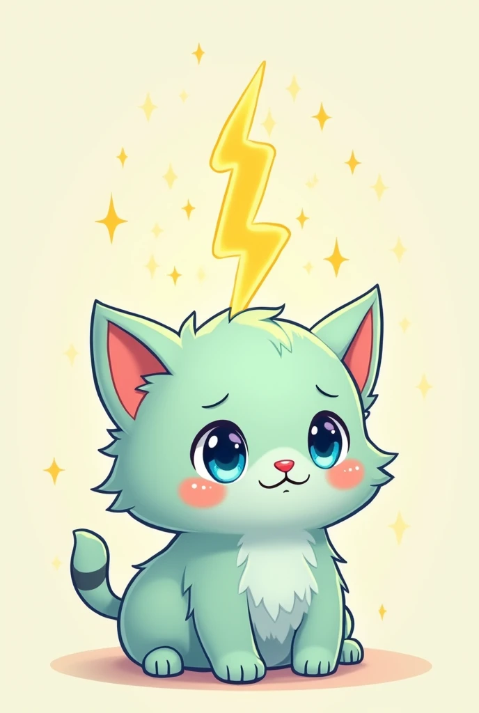 Prompt:

"Design a whimsical, chibi-style cartoon cat with an adorable, rounded appearance. The cat should have oversized, expressive eyes that are bright blue with a hint of sparkle. Its fur is a soft pastel hue, like mint green or pale peach, and is fluffy with a slightly tousled look.

Place a stylized lightning bolt on the cat's head, positioned just above its eyes. The lightning bolt should be vivid and dynamic, with a contrasting color like neon yellow or electric purple, giving the impression of a magical energy surge.

The cat's ears are large, pointed, and tipped with a darker shade of the fur color. It has a small, cheerful smile and rosy cheeks. The body is compact and chubby with tiny, rounded paws and a bushy tail that curls playfully.

For the background, use a light, dreamy color with subtle, glowing elements like stars or sparkles to enhance the magical theme. The overall feel of the image should be enchanting, fun, and irresistibly cute."
