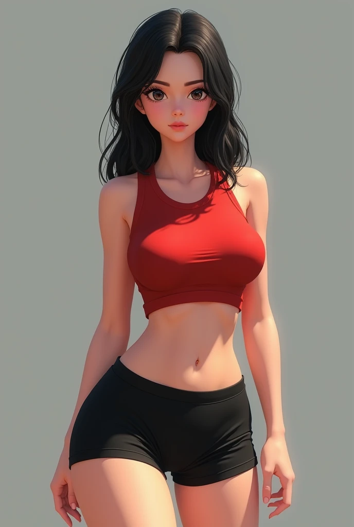 A girl in a red sleeveless sports shirt,a black short that reaches her ass,She has big tits and a big ass,She's a little skinny,has black hair,has white skin,he is 14 years old,It's a little sideways