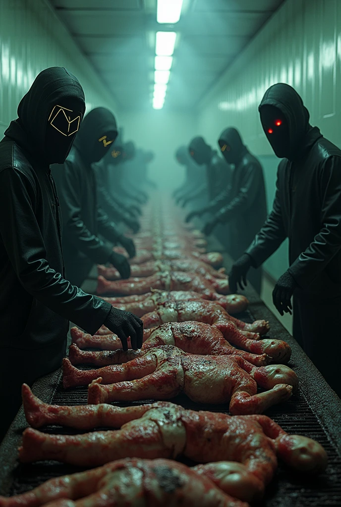 Grill meat at the morgue realistic photograph analog creepy ambient, zombie body, illuminati party ribs, limb, feet, masks
