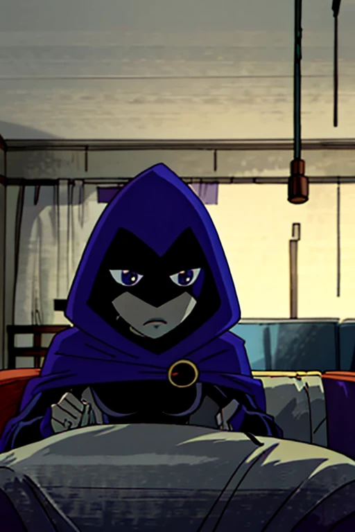 white raven, 1girl, solo, short hair, purple hair, hood, cape, colored skin, cloak, grey skin, forehead jewel, room, living room,, cape touch the ground,
From Below, sad