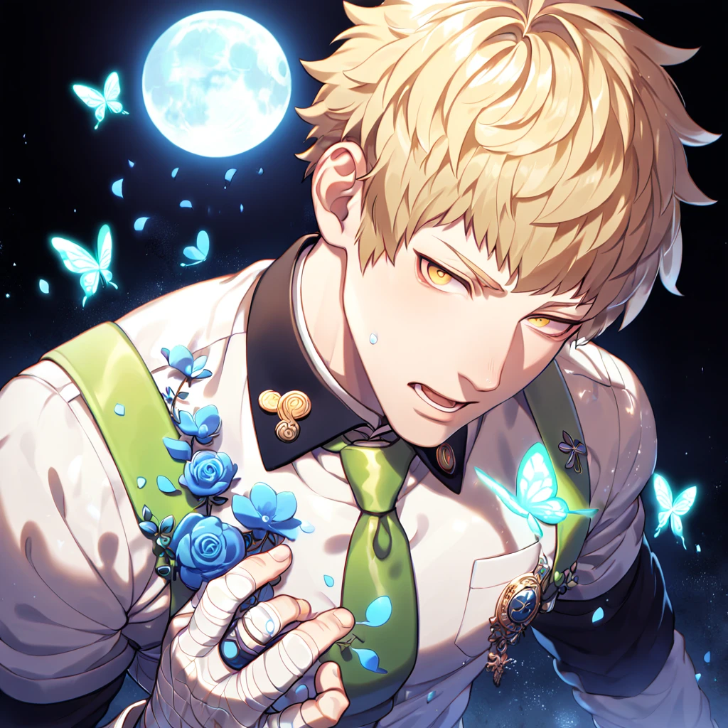 absurdres, highres, ultra detailed, HDR, master piece, best quality, extremely detailed, Noiz, blond hair, short bangs, expressive yellow eyes, Dramatical Murder, solo, sexy man, handsome, manly man, sensual, horny, white collared shirt with a long sleeved black undershirt, a light-green tie, badges on his chest pocket and tie, bandages on the hands, fantasy, magical, blue moon, blue flowers, blue butterflies, blue petals, blossoms, water
