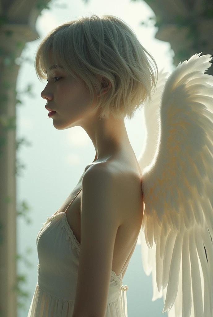 editorial photography,super detailed background,Super realistic,double exposure,depth of field,beauty skinny vibes,soft focus tone,narrative scene,open lips,Super short straight hairstyle,An angel with swallowtail wings,the light falling from the sky,