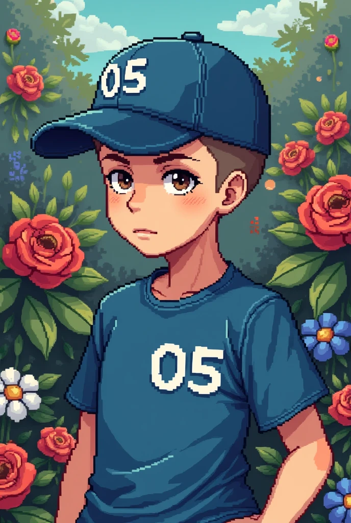 Make a boy in pixel art, with a blue shirt with a 05 in the upper right corner and a blue cap with the number 05, he has short shaved hair and he has a serious face, He has brown eyes. The background is made of flowers, everything must be in pixel art, pixel art.
Now do this same art, but without the white border on 05, but still in pixel art
