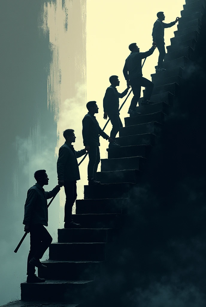 silhouettes of people climbing a giant staircase and helping each other up