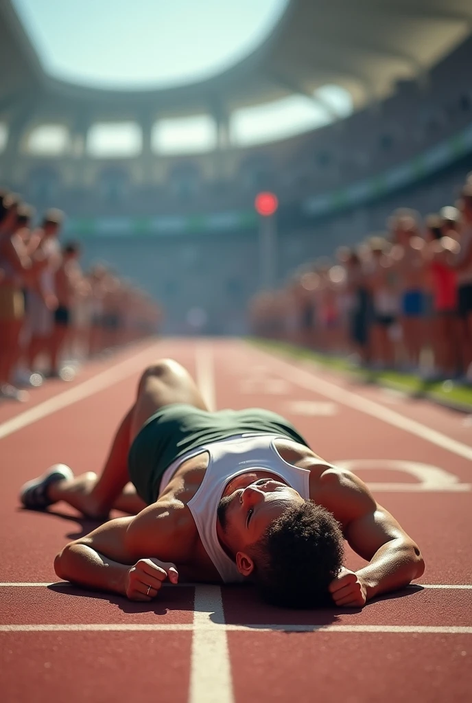 A runner crossing the finish line, falling to the ground, visibly relieved to have finished the race