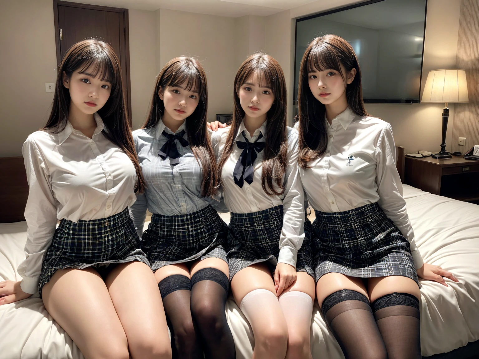 masterpiece, best quality, illustration, Super detailed, fine details, High resolution, 8K,wall paper, perfect dynamic composition,(Details High quality, realistic depiction of eyes:1.3), (3 girls), (white school shirt :1.2), (plaid skirt :1.3), tie black, black thigh-high stockings, sitting, open legs, short bob hair, in a hotel room in the background, deep on field, large breasts, black hair color, Big Natural Color Lip, (perfect body shape), crying a little、Harajuku style、20 year old girl、cute type、beautiful legs, Gravure Idol