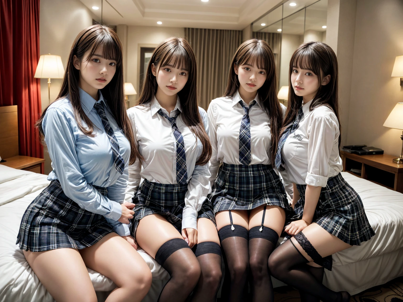 masterpiece, best quality, illustration, Super detailed, fine details, High resolution, 8K,wall paper, perfect dynamic composition,(Details High quality, realistic depiction of eyes:1.3), (3 girls), (white school shirt :1.2), (plaid skirt :1.3), tie black, black thigh-high stockings, sitting, open legs, short bob hair, in a hotel room in the background, deep on field, large breasts, black hair color, Big Natural Color Lip, (perfect body shape), crying a little、Harajuku style、20 year old girl、cute type、beautiful legs, Gravure Idol