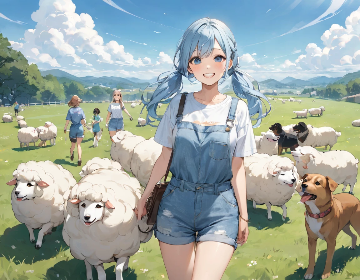 Light blue long hair、beautiful girl with twin tails、T-shirt and denim jumpsuit、A happy smile、Sheep pasture、Lots of sheep、Smiling girl holding a sheep、blue sky、Two dogs watching over sheep、Shepherd Dog