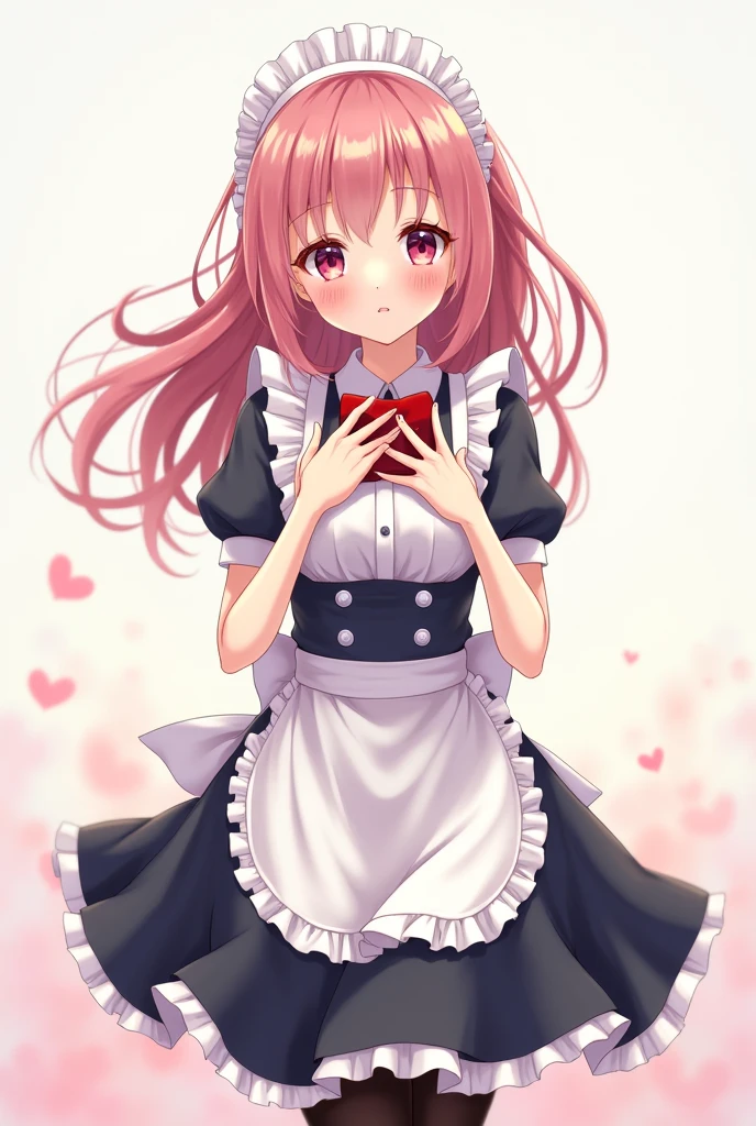 Beautiful anime girl dressed in a maid costume with her hands on her chest

