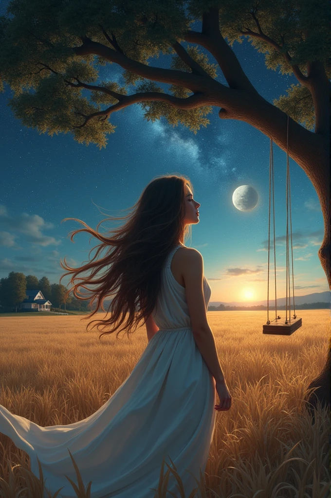An image in the field at night, a woman with long brown hair (fluttering) on your back under a tree that has a swing. It's night and you can see the stars in the sky, a lua e os aneis de Saturn, Saturn. The sky is dark. She is in a wheat field, and far on the horizon you can see a small house