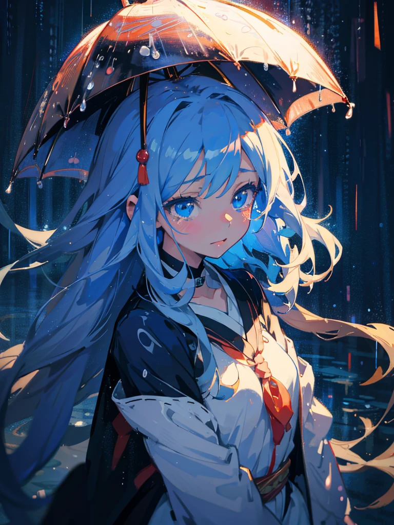 in the rain、Anime girl with blue eyes and long hair, by Yuumei, Beautiful anime portraits, 2D Anime Style, Tears in the Rain, Sad blue eyes, avatar image, Shining blue eyes, Anime Shōnen, Anime style portrait, inspired by Okumura Masanobu, Beautiful anime style, anime moe art style, anime art style, showing the tongue