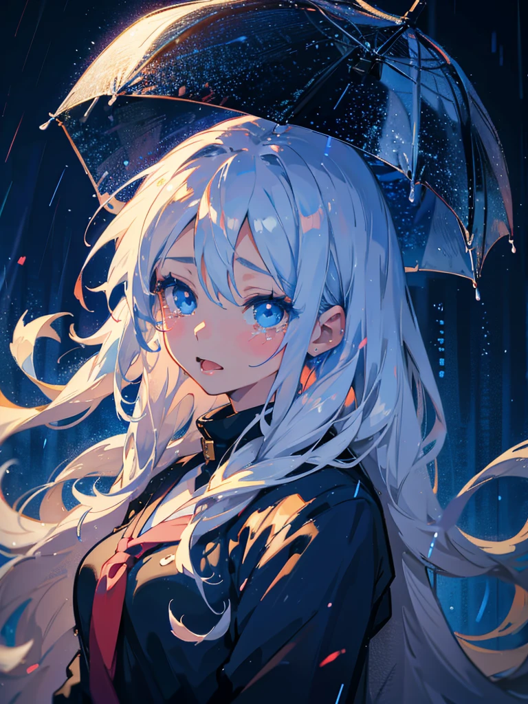 in the rain、Anime girl with blue eyes and long hair, by Yuumei, Beautiful anime portraits, 2D Anime Style, Tears in the Rain, Sad blue eyes, avatar image, Shining blue eyes, Anime Shōnen, Anime style portrait, inspired by Okumura Masanobu, Beautiful anime style, anime moe art style, anime art style, showing the tongue