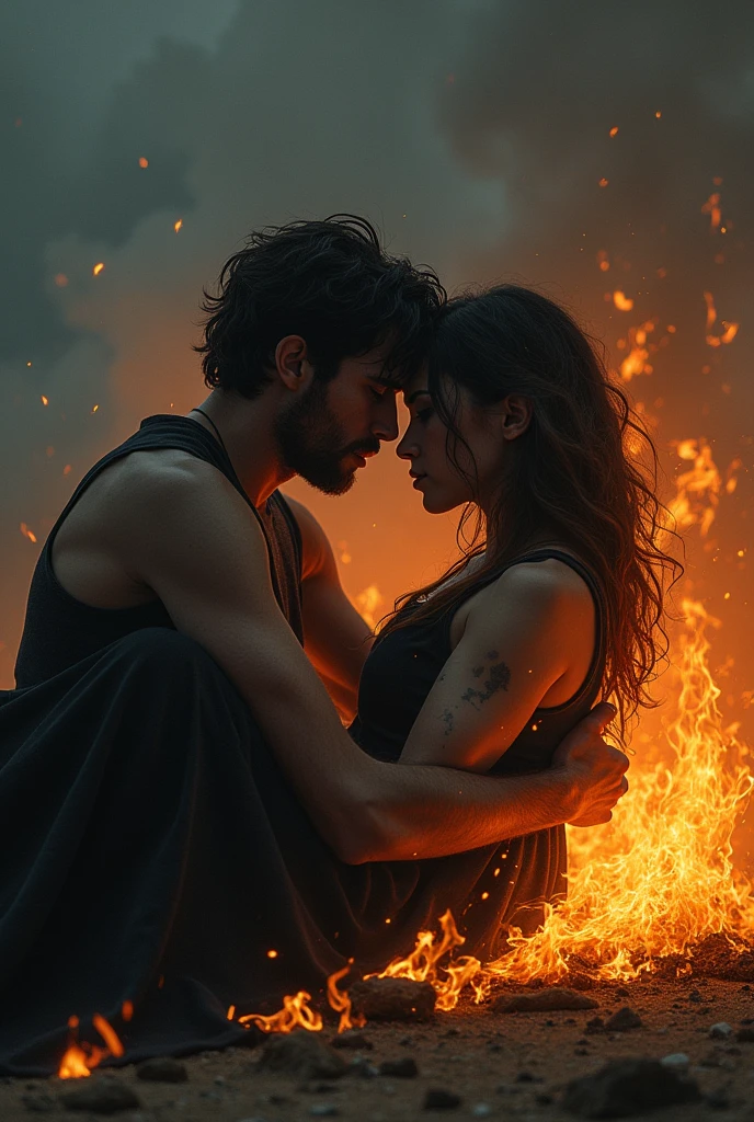 Sad drawings of couples burning while lying on the ground hugging each other 
