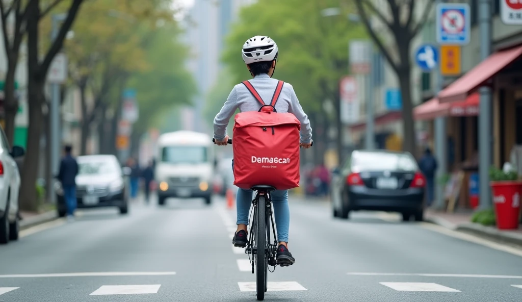 A cute Japanese woman is wearing a bicycle helmet and riding a cross bike diagonally to the right of the road through a busy street, carrying a red delivery bag with the Demaecan logo on it.