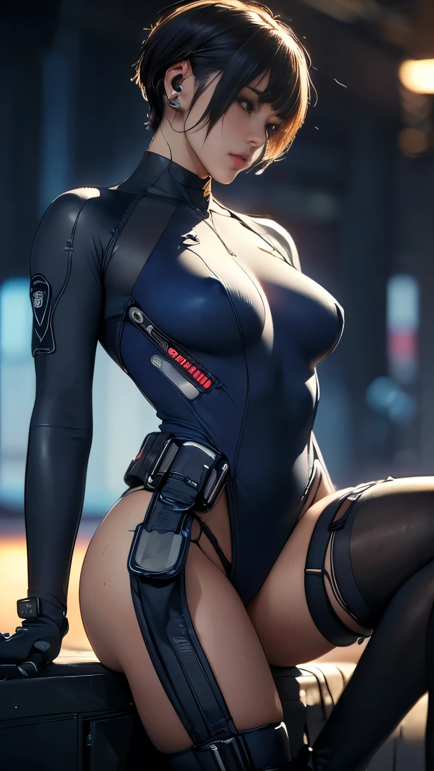 (A woman),(((A female member of the Future Force rides a motorcycle))),((Navy blue tactical high leg bodysuit:1.5)),((earphone:1.5)),((Tactical Holster:1.5)),(Gloves:1.5),(Serious:1.5),(Super short hair:1.5),(bionde:1.5),(beautiful eyes:1.3),(Very detailedな顔:1.5),((Very detailed drawing of a female hand:1.5)),((muscular:1.5)),(Sexy appearance:1.5),((Thick thighs:1.5)),(Beautiful Body:1.5),((Very sensual:1.5)),(Background is hanger:1.5),(Cyberpunk atmosphere:1.5),(((Blurred Background:1.5))),(Written border depth:1.5),rest(((masterpiece:1.5),(best quality:1.5),(Very detailed:1.5),(high resolution:1.5),(Practical:1.5),(Practical:1.5),(Delicate depiction),(Carefully drawn))),8k,wallpaper