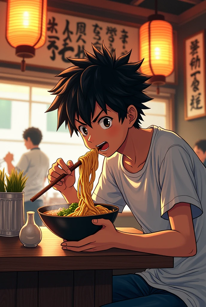 Manga boy character eating noodles on the bar of a ramen restaurant
