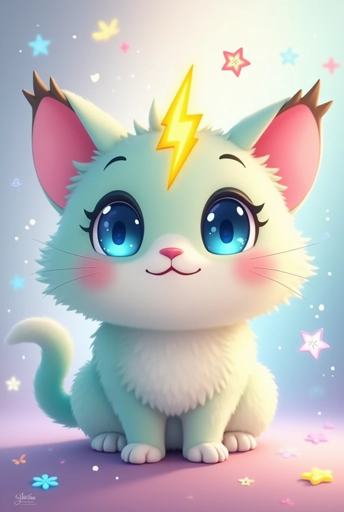 Prompt:
"Design a whimsical, chibi-style cartoon cat with an adorable, rounded appearance. The cat should have oversized, expressive eyes that are bright blue with a hint of sparkle. Its fur is a soft pastel hue, like mint green or pale peach, and is fluffy with a slightly tousled look.
Place a stylized lightning bolt on the cat's head, positioned just above its eyes. The lightning bolt should be vivid and dynamic, with a contrasting color like neon yellow or electric purple, giving the impression of a magical energy surge.
The cat's ears are large, pointed, and tipped with a darker shade of the fur color. It has a small, cheerful smile and rosy cheeks. The body is compact and chubby with tiny, rounded paws and a bushy tail that curls playfully.
For the background, use a light, dreamy color with subtle, glowing elements like stars or sparkles to enhance the magical theme. The overall feel of the image should be enchanting, fun, and irresistibly cute."