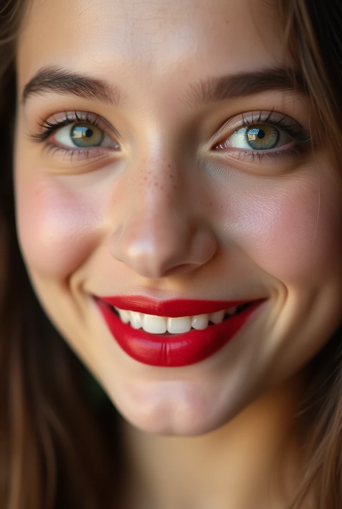 closeup of a female teen’s face wearing red lipstick and smiling softly