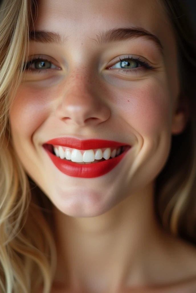 closeup of a female ’s face wearing red lipstick and smiling softly