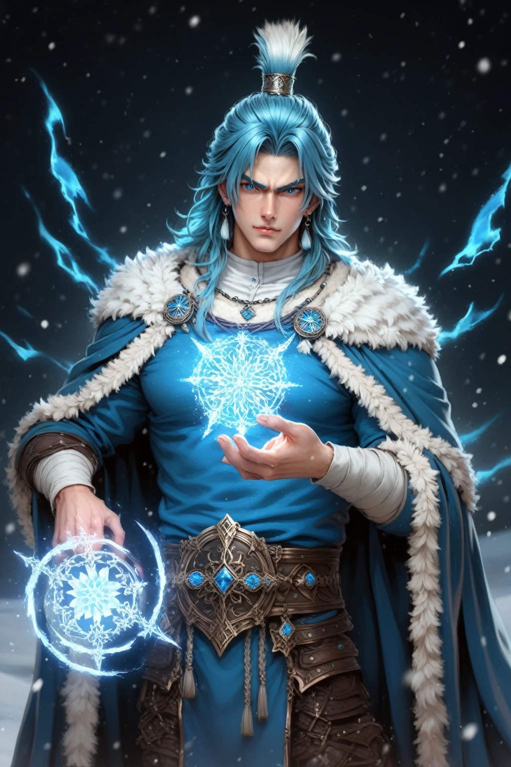 absurdities, High resolution, ultra detailed, HdR, masterpiece, 30 year old adult man, rasgos muy masculines, angry eyebrows, Extremely detailed face and eyes, semi long straight hair, blond hair, bushy eyebrows, fringe, expressive nordic eyes, rasgos masculines, detailed eyes, LOOKING AT THE SPECTATOR, 1 man, viking style clothing, masculine, blue clothes con abrigo de piel, snowy background, White skin, viking necklace, blue clothes, white earrings, Nordic jewelry, tidy hair, Complete plan, beefy chest, magical realism, masculine, men&#39;s clothing, vibrant colors, photorealistic, 8k, Best Quality, High resolution, cinematic lighting, intricate details, snow background.